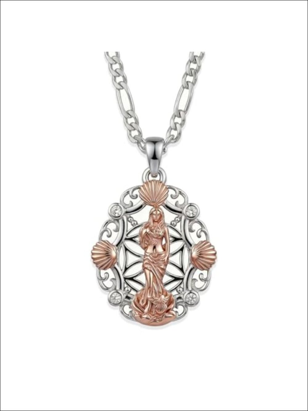 Aphrodite Pendant Necklace White Gold Plated Stainless Steel Figaro Chain